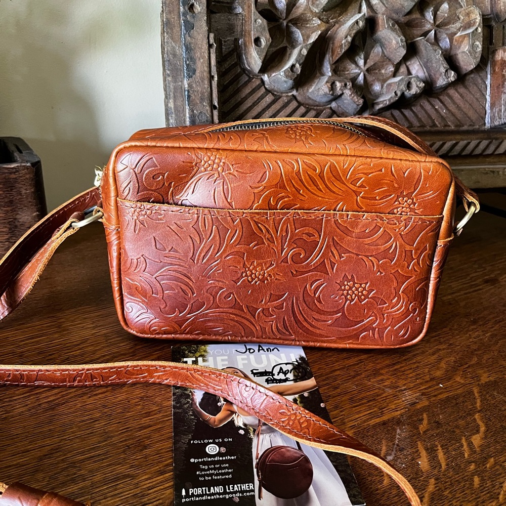 Portland Leather Large Camera Crossbody Bag in Meadow (Tooled Floral) Brown